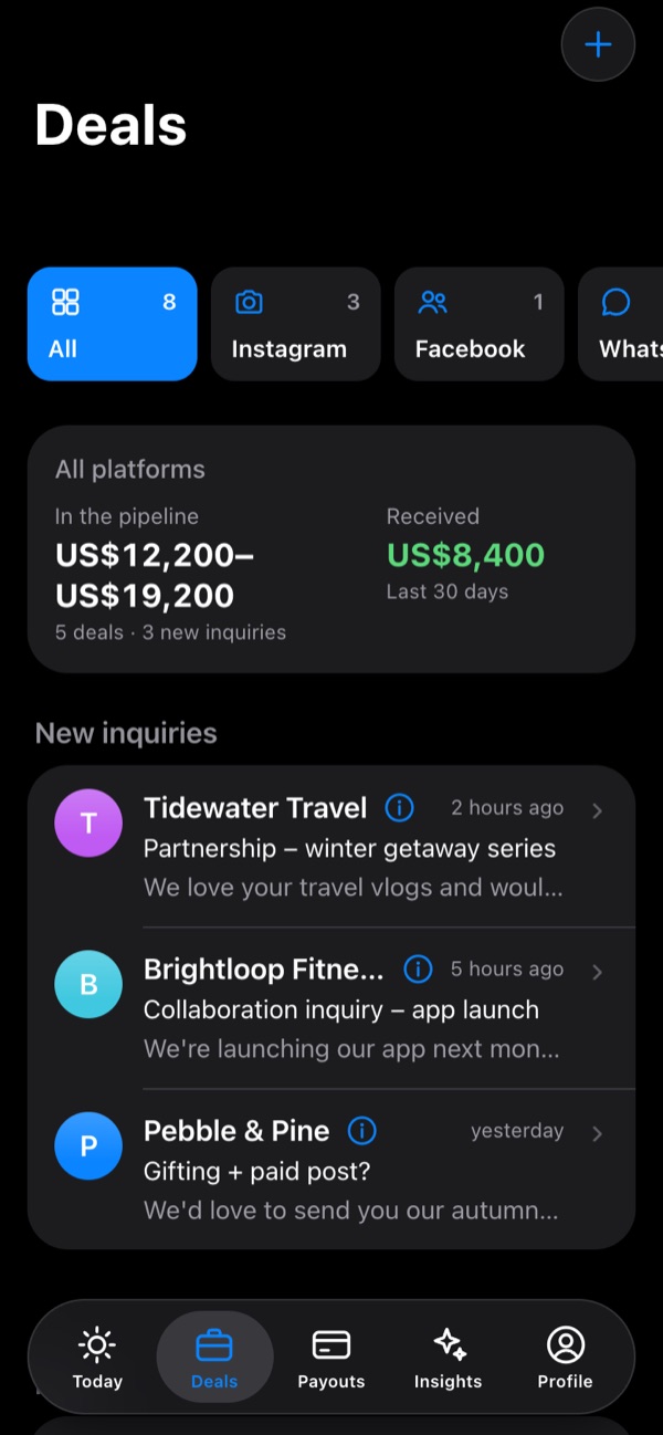 The Deals screen: brand deals and new inquiries
